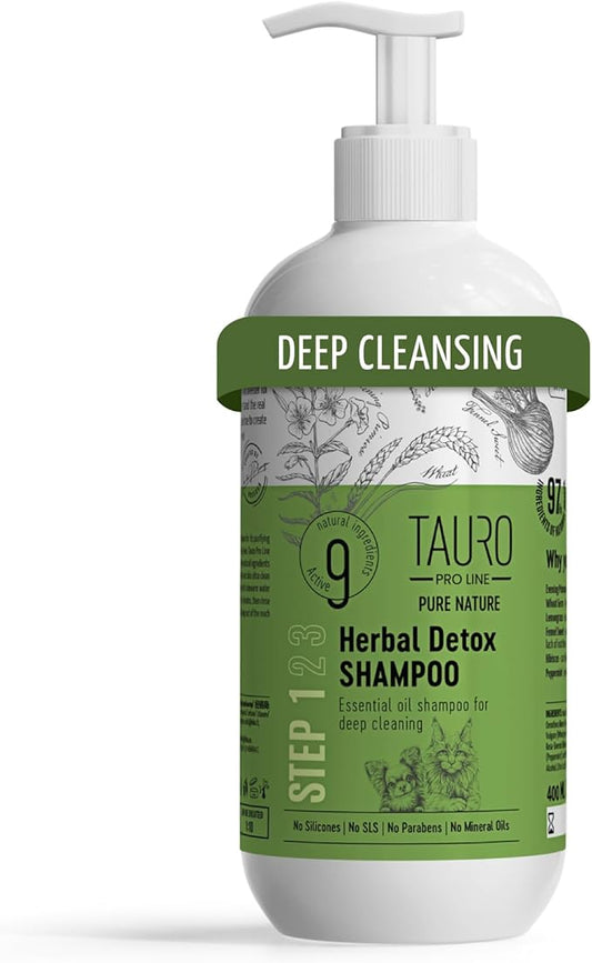 Tauro Pro Line Deep Cleansing Natural Dog Shampoo for Smelly Dogs, Wash for Dandruff and Dry Itchy Sensitive Skin, Cat & Puppy Shampoo (Herbal Detox -13.5 Fl Oz)