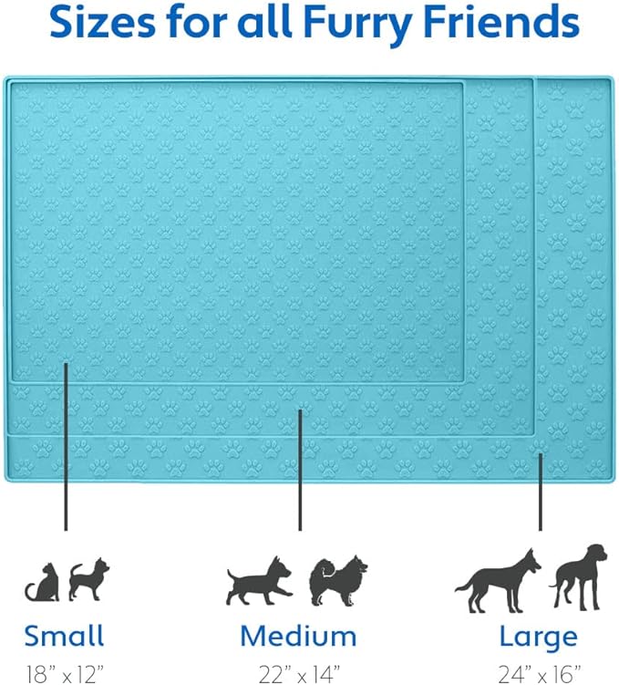 MIGHTY MONKEY 100% Waterproof Dog Food Mat, Raised Edges Silicone Pet Feeding Placemat for Cat, Dogs, Pet Bowls, High Lipped Tray Prevents Water Spills, Food on Floor, Dishwasher Safe, 22x14 Turquoise
