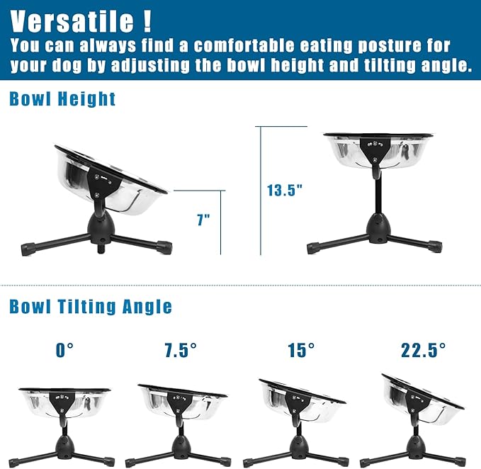 Elevated Dog Bowl with Adjustable Metal Stand, Medium Size for Dogs 30-70 lbs, 0.5 Gal 2 Liter, Stainless Steel Food & Water Bowl Set