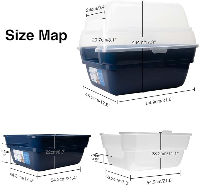 Petfamily Cat Litter Box, Large Foldable Jumbo Hooded Cat Litter Box with Transparent Lid (Navy Blue)