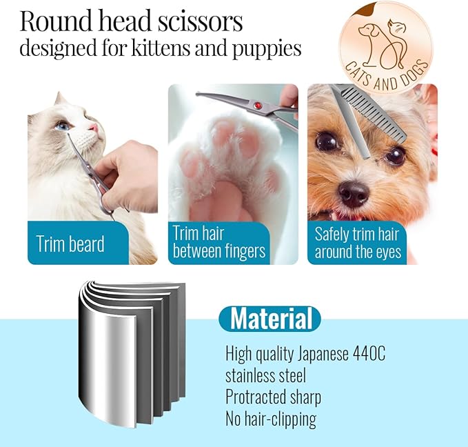 4.5" Dog Grooming Scissors - 2pcs Curved Scissors & Thinning Shears for Small Dog, Cat Face & Paws - Japan 440C (2Kit)