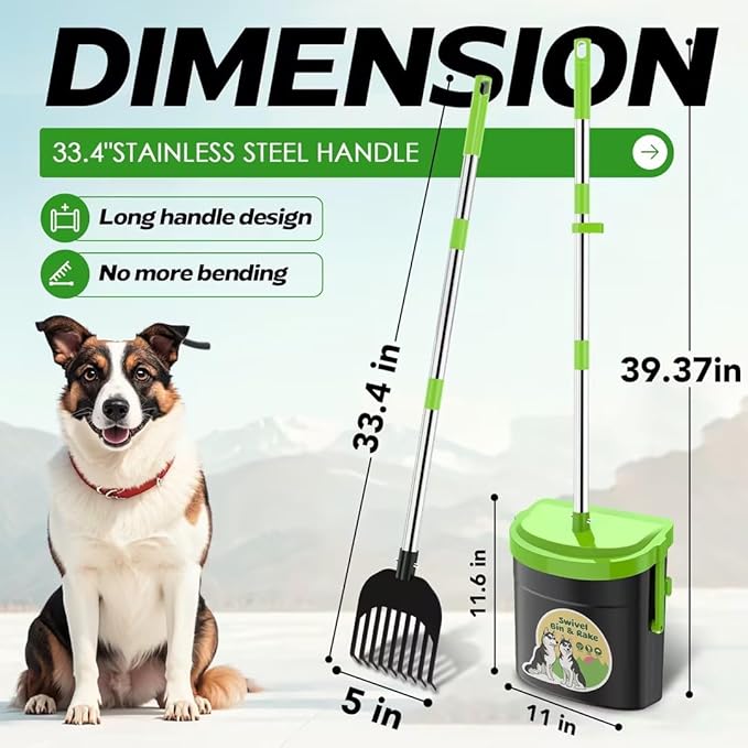UPSKY Dog Pooper Scooper Swivel Bin & Rake Kit with 100 Waste Bags,33.4" Stainless Steel Long Handle Heavy Duty Pet Poop Shovel for Large Medium Small Dogs, Odor-Proof Lid for Yard/Lawn/Outdoor Use