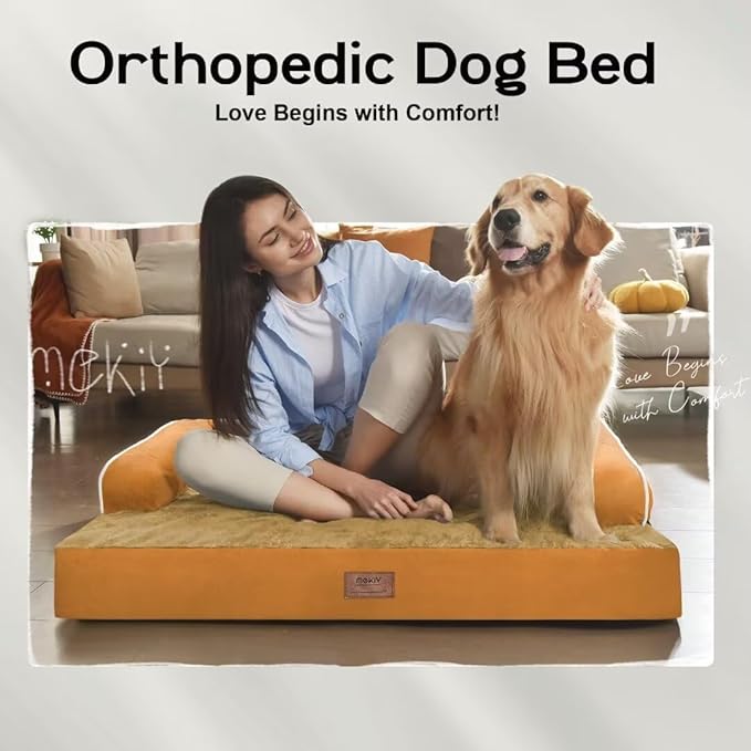 Large Dog Bed Orthopedic Washable, Orthopedic Dog Beds for Large Dogs with Washable Cover, Removable Bolster and Non-Slip Bottom Orange Dogs Beds, XL XLarge Extra Large Dogs
