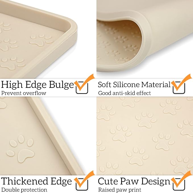 Ptlom Silicone Pet Placemat for Dog and Cat, Waterproof Non-Slip Pet Feeding Bowl Mats for Food and Water, Small Medium Large Tray Mat Prevent Residues from Spilling to Floor, Beige, 18" 12"
