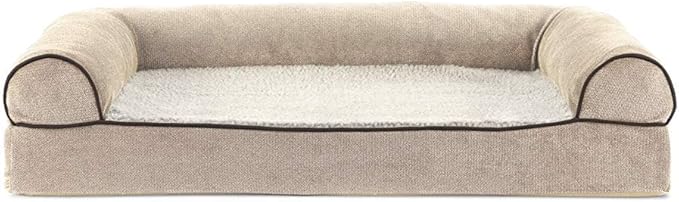 Furhaven Cooling Gel Dog Bed for Medium/Small Dogs w/ Removable Bolsters & Washable Cover, For Dogs Up to 35 lbs - Sherpa & Chenille Sofa - Cream, Medium