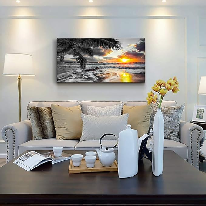 Yxbhhym-Beach Wall Art Black and White Ocean Pictures for Walls Sunrise Seascape Scenery Canvas Print Sunset Painting Palm Poster Sea Wave Artwork for Living Room Wall Art Bedroom Office Wall Décor