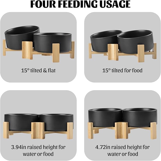 SPUNKYJUNKY 15° Slanted Ceramic Dog and Cat Bowl with Wooden Stand, Tilted Bulldog Food and Water Bowl No Slip Non-Spill for Cats Medium Dogs Big Face Pets 28.7 OZ (3.6 Cups, Black × 2)