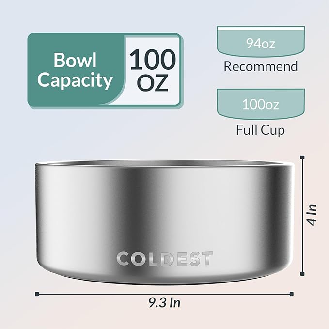 Coldest Dog Bowl - Anti Rust Metal, Non Slip, 3 Layers Insulated Stainless Steel Dog Bowls - Spill Proof & Heavy Duty - Water Bowl for Dogs, Cats, Dish Washer Safe (100 oz,Polished Stainless Steel)