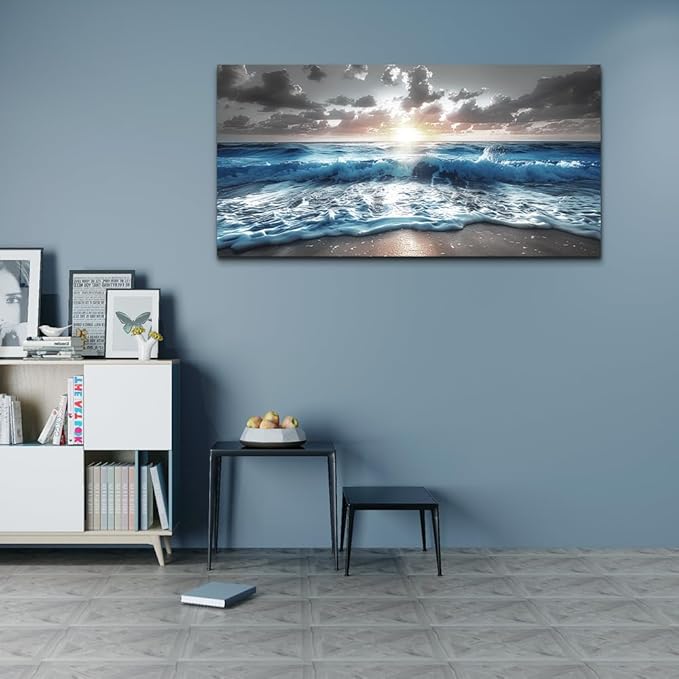 hyidecorart Canvas Wall Decor For Office Large Wall Art For Living Room Blue Beach Painting Sea Waves Sunshine Wall Pictures Bedroom Home Decorations Prints Posters Mural Artwork Ready To Hang
