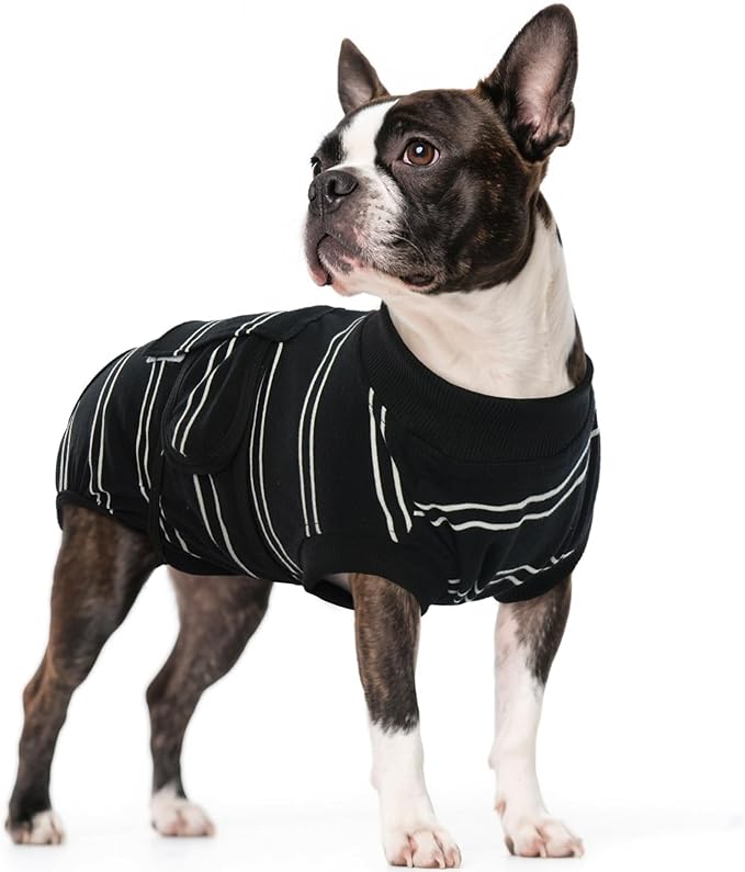 Kuoser Dog Surgery Recovery Suit for Female Male Dogs, Stripes Spay Neuter Anti-Licking Dog Onesie, Surgical Suit Snugly Pet Post Surgery Vest Bodysuit for Abdominal Wounds Skin Disease, Black S