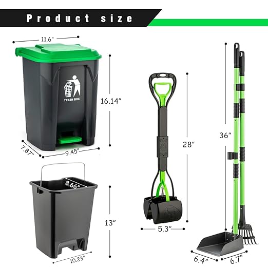MXF Pooper Scooper Set - 28" Dog Pooper Scooper & Long Handle Stainless Metal Tray&Rake, 15 Litre Step Dog Poop Trash Can w/Removable Inner Bucket, 20 Waste Bags for Outdoors