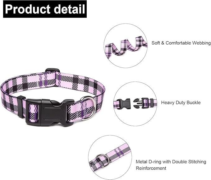 Mercano Adjustable Dog Collar - Special Design Patterns, Soft Nylon Comfortable Durable Pet Collar for Small Medium Large Dogs (M, Purple Plaid)