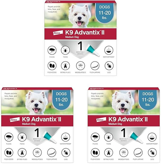 K9 Advantix II Medium Dog Vet-Recommended Flea, Tick & Mosquito Treatment & Prevention | Dogs 11-20 lbs. | 1-Mo Supply (Pack of 3)