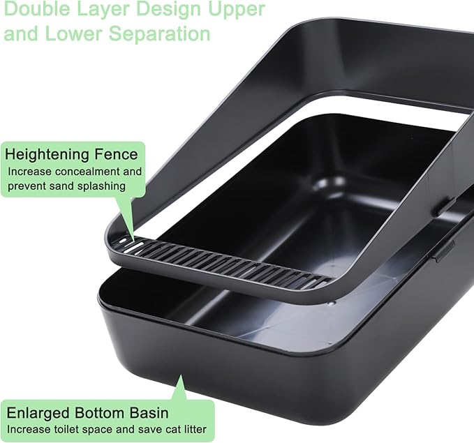 Sfozstra Open Litter Box, High Side Sifting, Secure and Odor Control, Removable, Easy to Clean for Cats Up to 8 Pounds (Black Small)