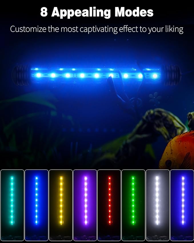 Pawfly 1.8 W Aquarium LED Light 7.5 Inch Underwater Fish Tank Light with Timer Auto On/Off Fish Tank Background Light with 8 Lighting Modes Submersible Multi-Colored Tube Light for Decoration