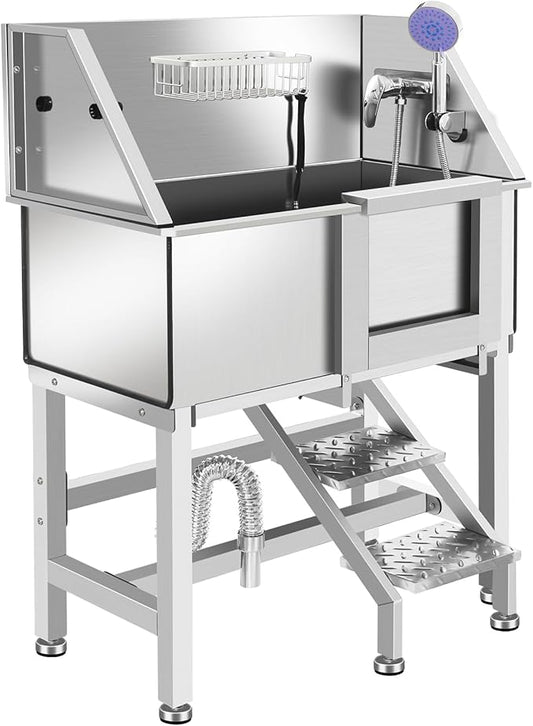 Stainless Steel Dog Washing Station, Pet Grooming Tub W/Storage Stairs, Faucet & Showerhead & Soap Holder Dog Bathtub for Large & Medium & Small Pets,34" R-RAMP