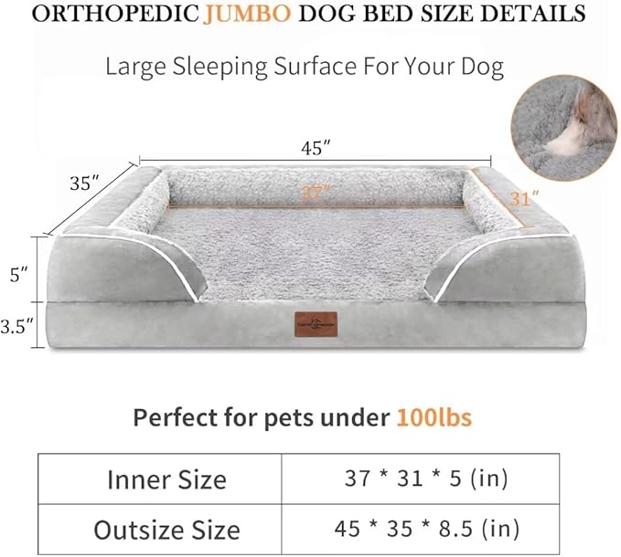 Comfort Expression Cooling Dog Bed, Orthopedic Memory Foam Dog Bed, Jumbo Beds for Extra Large Dogs, Large Breed Dogs Beds Waterproof with Bolster & Removable Cover(Jumbo,Light Grey)