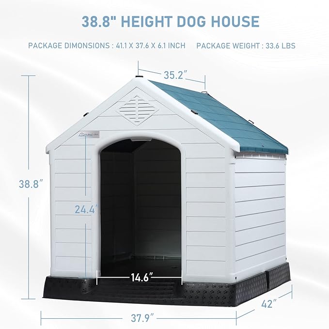 LEMBERI Durable Waterproof Plastic Dog House for Small to Large Sized Dogs, Indoor Outdoor Doghouse Insulated Puppy Shelter with Elevated Floor, Easy to Assemble (Blue, 42''L*38''W*39''H)