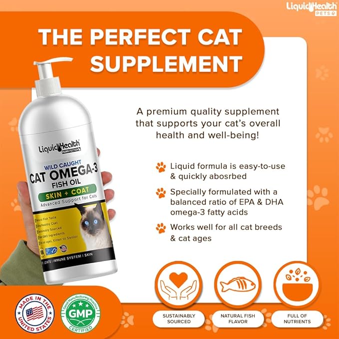 Liquid Health Pets Wild Caught Omega 3 Fish Oil for Cats - Liquid Omega 3 Supplement for Cats with EPA+DPA+DHA - Reduce Itching, Support Joint, Immunity, Brain, Heart Health - Made in The USA (8 oz)