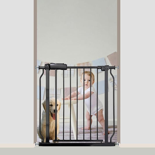Walk Through Baby & Dog Gate 29-34 Inch, Tension Mounted No Drilling, Indoor Safety Gate for Stairs & Doorways, Metal Design for Kids and Pets, Black