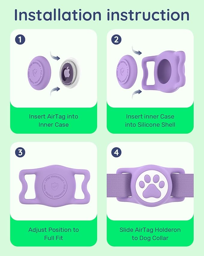 IP68 Waterpoof Dog Airtag Holder, Stretchy Silicone Full Body Covered Apple Air Tag Holder for Dog Cat Collar Fit All Width Collar (Purple, 1 Pack)
