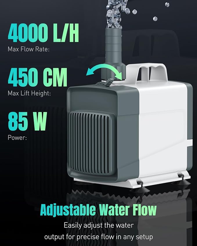 Pawfly 1060 GPH Fountain Pump, 85 W Submersible Water Pump with 14.8 ft. High Lift and 3 Nozzles, Quiet Water Fountain Pump for Aquarium Fish Tank Waterfall Pond & Hydroponics