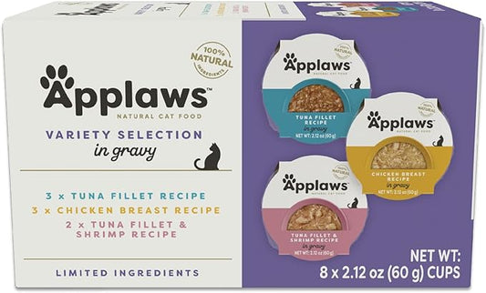 Applaws Natural Wet Cat Food, Limited Ingredient, Grain-Free, Protein with No Artificial Additives, Variety Pack in Gravy (8X 2.12 oz Easy-Open Cups)