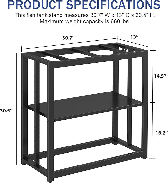 30.7" W x 13" Inch for 20-29 Gallon Long Fish Tank Stand With Storage Shelf, Aquarium Stand With Hooks,Heavy Duty Metal Turtle Reptile Tank Stand, Easy Assemble