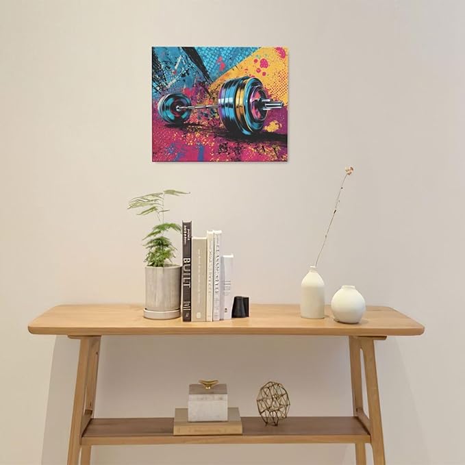 Gym Wall Art Weightlifting Fitness Canvas Wall Decor Barbell Sports Training Pictures Painting Banksy Street Graffiti Print Artwork Framed Decorations Gifts for Sports Lovers Gym Living Room Bedroom 20"x24"