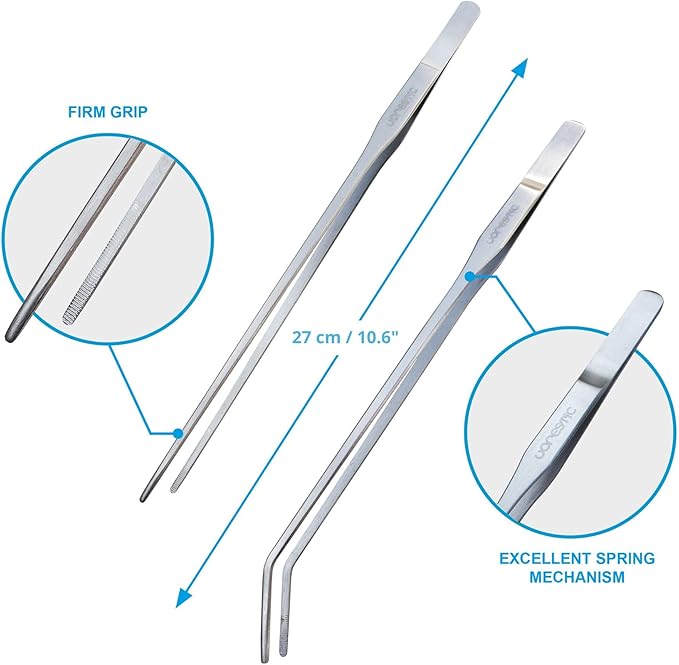 2 Pcs 10.6 Inches Heavy Duty Reptile Feeding Tongs, Long Aquarium Tweezers, Straight and Curved Long Tweezers for Aquarium and Terrarium
