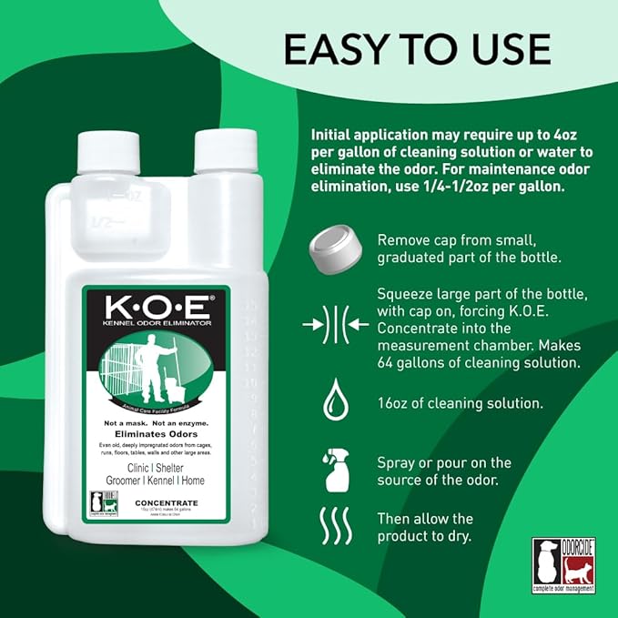 Odorcide, Thornell KOE Kennel Odor Eliminator Concentrate, Great for Cages, Runs, Floors & More, Pet Odor Eliminator for Home & Kennel w/Safe, Non-Enzymatic Formula, 16 oz, White – Not A Spray Bottle