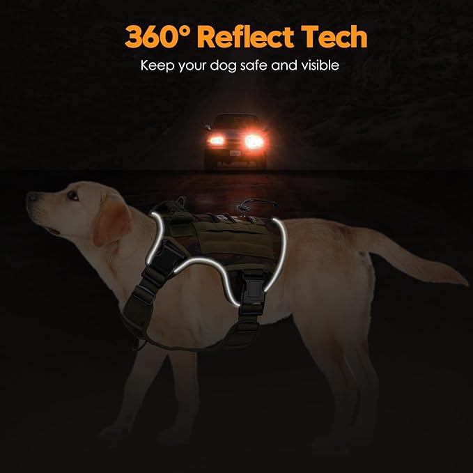 Heavy-Duty Tactical Dog Harness for Large Dogs, No Pull Adjustable Reflective Pet Vest with Molle System, K9 Military-Grade Control for Service Training, Outdoor & 10+ Breeds, Green Camo, XX-Large