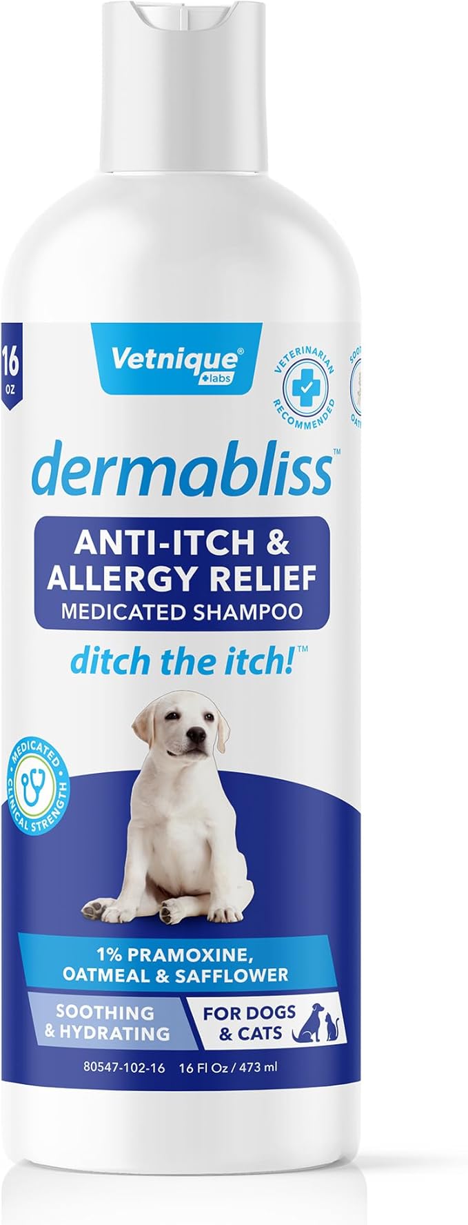 Vetnique Labs Dermabliss Dog Allergy and Itch Relief, Skin and Coat Health Supplements and Grooming Supplies with Omega 3-6-9, Biotin - Ditch The Itch (Itch Relief, 16oz Shampoo)