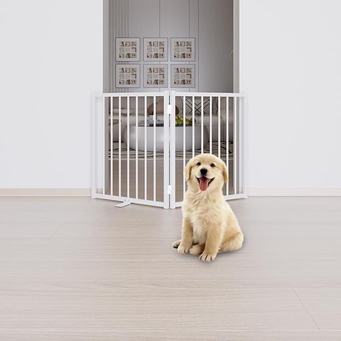 Full Metal Freestanding Dog Gate with Door, 24'' Height Foldable Pet Dog Fence for Indoor & Outdoor, 2 Panels Extra Wide Free Standing Small Dog Gates for Doorways,House,Stairs,Porch,Deck,Yard