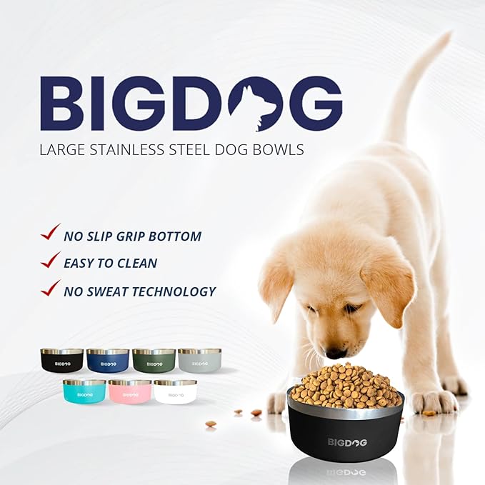 BIGDOG Dog Bowls, Large Dog Bowls, Stainless Steel, No Spill, 64 Ounce, White