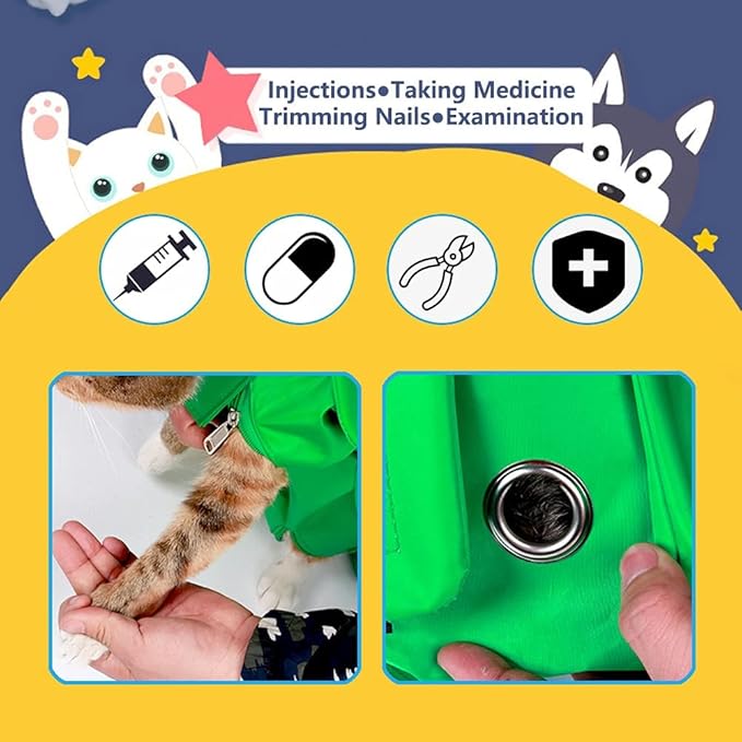Kukaster Pet Cat’s Restraint Bag for Claw Care Nail Trimming Anti-Scratching Grooming Bag for Cats Medical Examination(Green-l)
