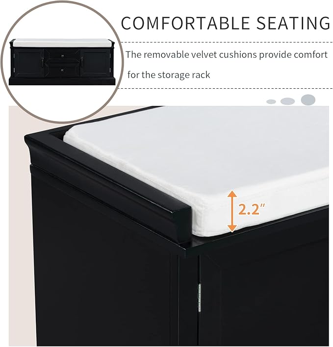 Storage Bench with 2 Drawers and 2 Cabinets, Pine Wood Shoe Bench with Removable Cushion for Living Room, Entryway 42.5" L x 15.9" W x 17.5" H (Black)