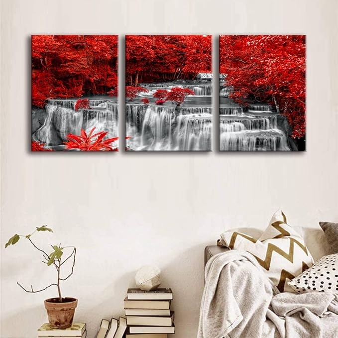 Yxbhhym Black White and Red Waterfall Canvas Wall Art Forest Paintings Waterfall Artwork for Wall Print Landscape Wall Picture for Living Room Wall Decor Large Framed Wall Art -24x48inches