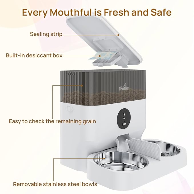 iPettie Automatic WiFi Pet Feeder for 2 Pets, 5L/21 Cup Capacity, 1-10 Meals Per Day, Adjustable Bowl Height, Smart Dog Cat Feeder with 2 Stainless Steel Bowls, Voice Recording, 2.4G WiFi App Control