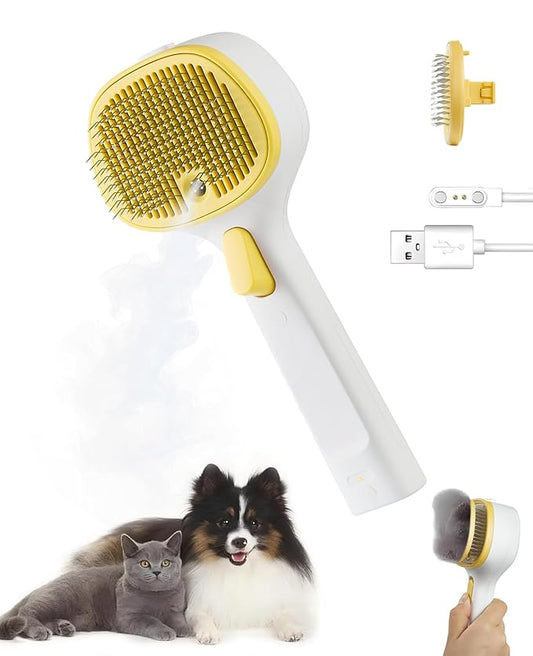 FURGO 3-in-1 Pet Steam Brush for Dogs & Cats – Reduces Static, Short-Pin Head for Short Hair, One-Click Release Button, Dog Spray Brush for Shedding Control (Short)