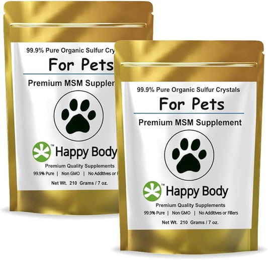 HAPPY BODY Pure MSM Joint Supplement for Dogs, Cats, & Horses – 100% Additive-Free – High Performance, Supports Senior Pets Wellness, Healthy Joints, Mobility, Aches, & Fatigue 7oz - 2 Packs