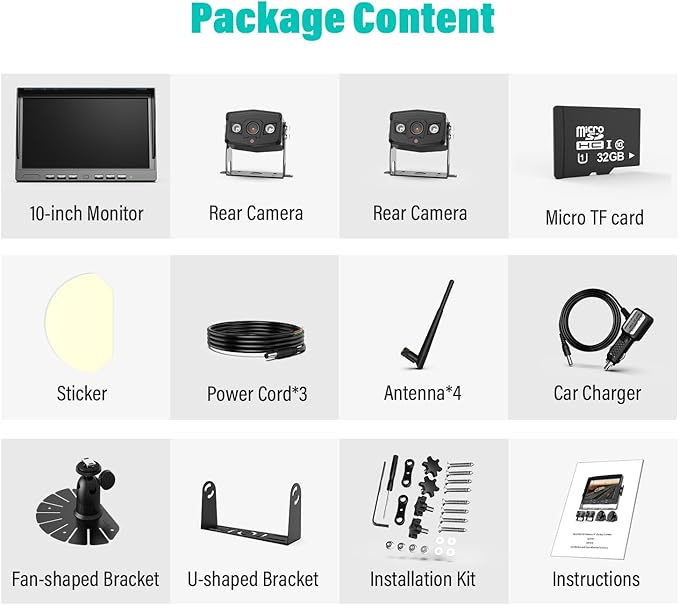 10" Wireless Backup Camera System, HD 1080P Digital Back Up Camera Systems with 10 Inch Quad Split DVR Monitor for Truck, RV, Trailer, W102