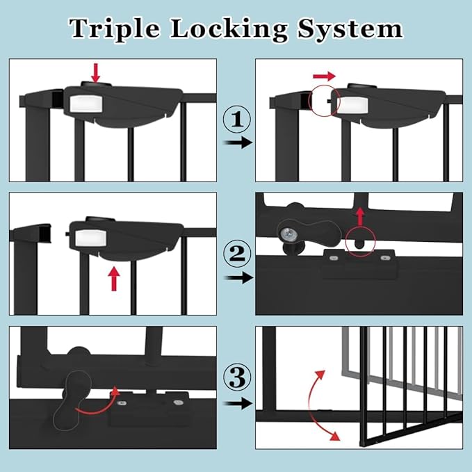 WAOWAO Triple Lock Baby Gate Extra Wide 81.49-86.22" Pressure Mounted Walk Through Swing Auto Close Safety Black Metal Dog Pet Puppy for Stairs,Doorways