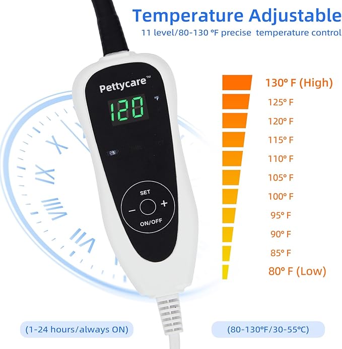 pettycare Pet Heating Pad for Dog Cat, Electric Heating with Steel-Wrapped Cord, 25-level Timer & 11-level Temperature Indoor Warming Pads Easy Clean for Puppy Cat Dog XL 28x18inch