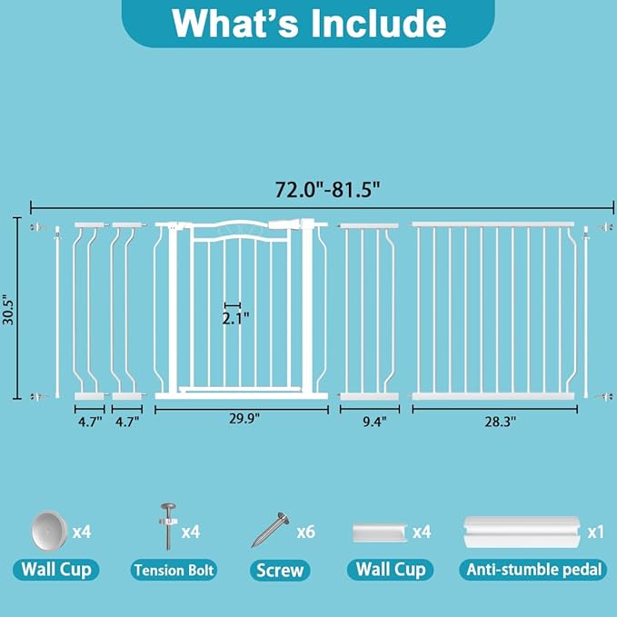 Extra Wide Dog Gate for Doorways 72-81.5 in, Walk Through Long Baby Gates for Large Openings, No Drill Child Safety Gate for Pets Kids Toddler, Doggy Barrier Indoor Metal, 30" Tall White