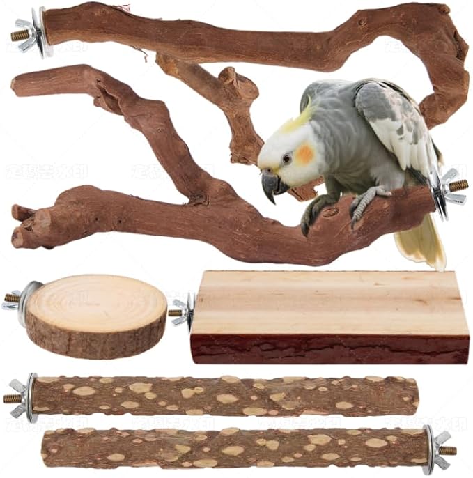 Parrot Perch Bird Perch Stand Set Natural Wild Wood Grape Sticks Paw Grinding Fork Parakeet Climbing Standing Branches Toys Cage Accessories for Conure,Cockatiels Lovebirds,Budgies Chewable 6PC