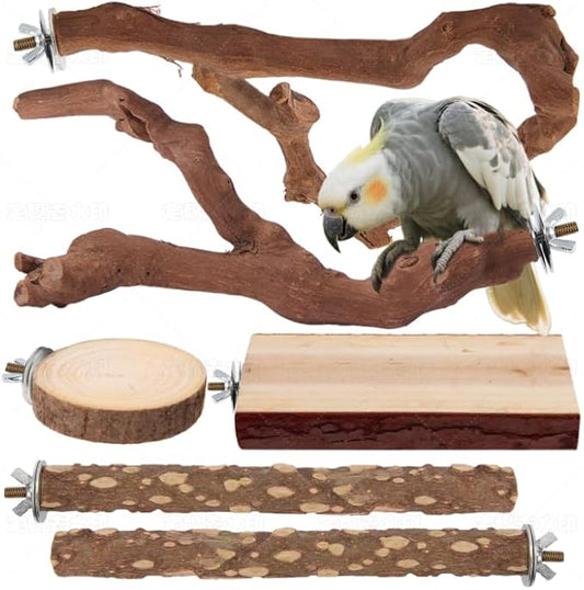 Parrot Perch Bird Perch Stand Set Natural Wild Wood Grape Sticks Paw Grinding Fork Parakeet Climbing Standing Branches Toys Cage Accessories for Conure,Cockatiels Lovebirds,Budgies Chewable 6PC
