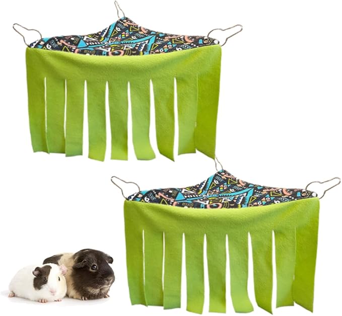 RIOUSSI Guinea Pig Hideout Hideaway Corner Fleece Toys Cage Accessories with Reversible Sides, Geo/Gray+Green, 2 Pack