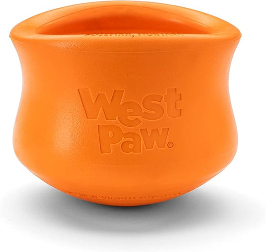 West Paw Zogoflex Toppl Treat Dispensing Dog Toy Puzzle – Interactive Chew Toys for Dogs – Dog Toy for Moderate Chewers, Fetch, Catch – Holds Kibble, Treats, Large 4", Tangerine