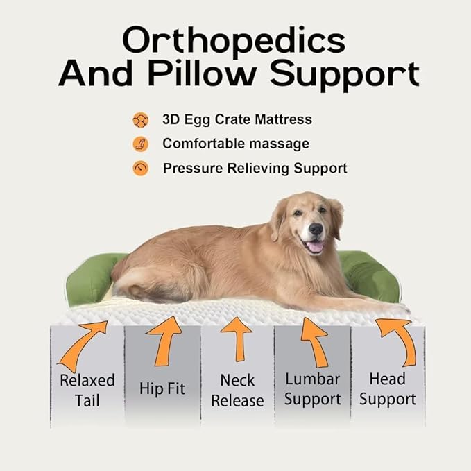 Large Dog Bed Orthopedic Washable - Memory Foam - XXL Large Big Dogs - Beds Bolster Pet - Couch Sofa - Waterproof with Removable Cover - Grass Green Dog Bed